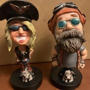Vintage Collectible Krank Adams Bobblehead Biker Dude & Trixie, with pet pigs.